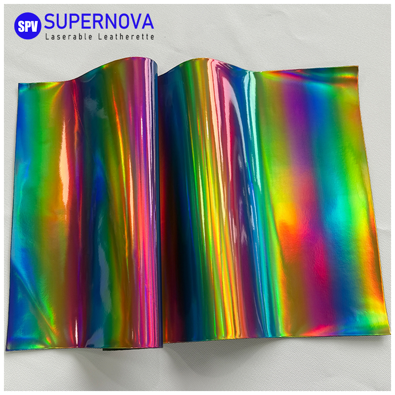 Folha holográfica de couro sintético laserável com adesivo/sem adesivo
