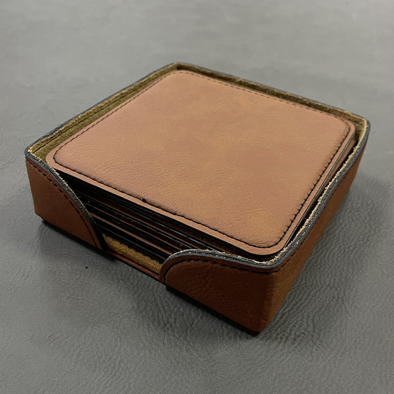 Conjunto de 6 porta-copos quadrados de couro sintético de 4' x 4' com suporte Conjunto de 6 porta-copos quadrados de couro sintético de 4' x 4' com suporte