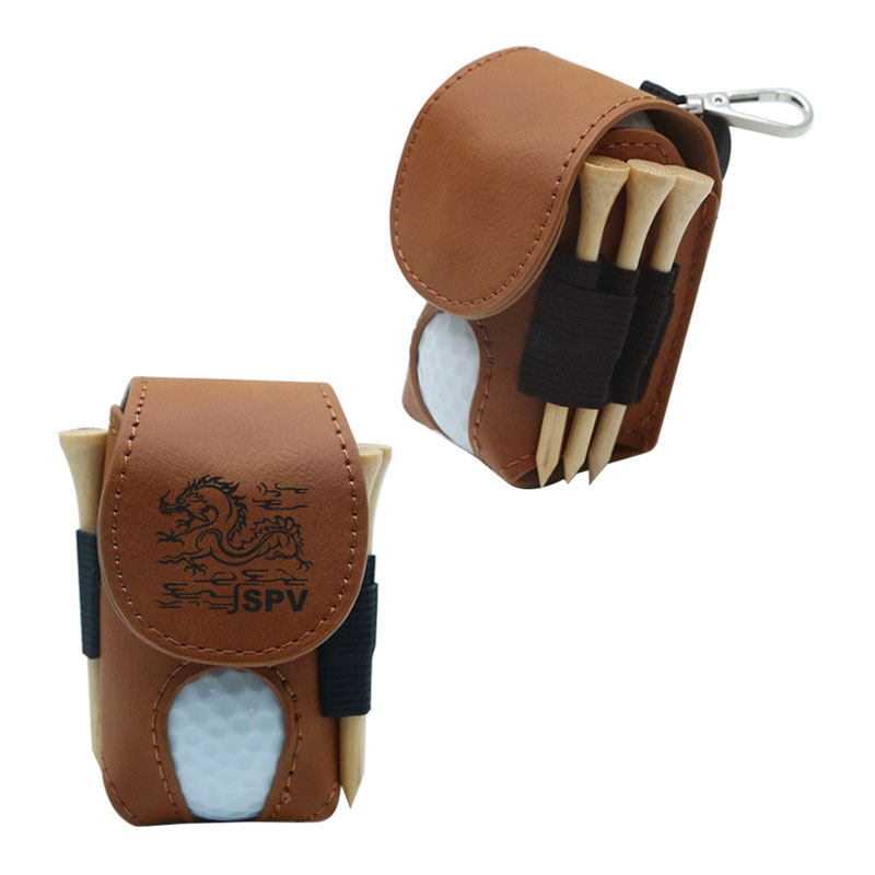 Suporte para bola de golfe em couro sintético laserável com 5 camisetas de madeira