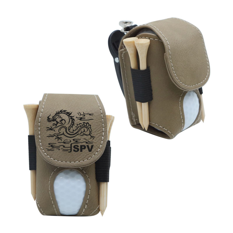 Suporte para bola de golfe em couro sintético laserável com 5 camisetas de madeira