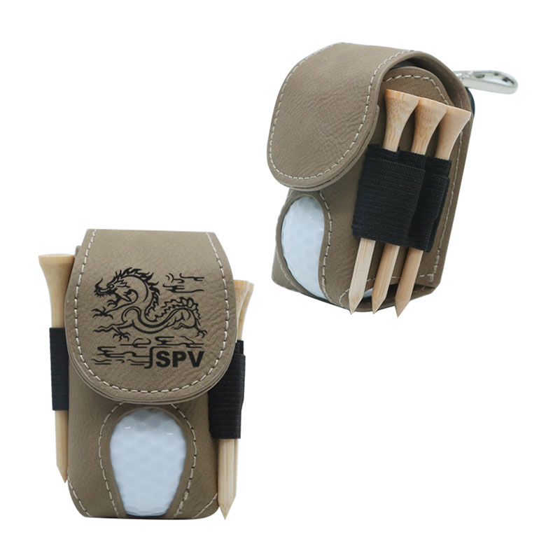 Suporte para bola de golfe em couro sintético laserável com 5 camisetas de madeira