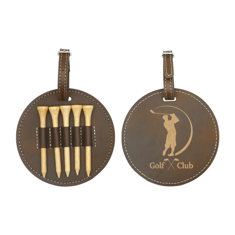 Etiqueta redonda de saco de golfe em couro sintético laserável com 5 camisetas de madeira
