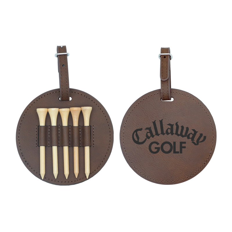 Etiqueta redonda de saco de golfe em couro sintético laserável com 5 camisetas de madeira