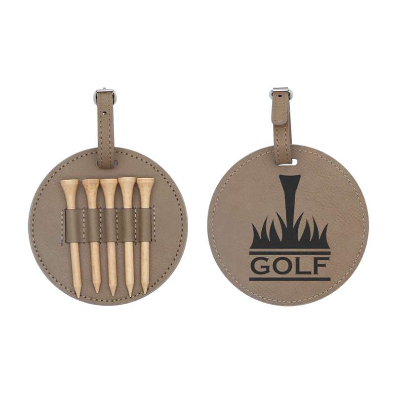 Etiqueta redonda de saco de golfe em couro sintético laserável com 5 camisetas de madeira