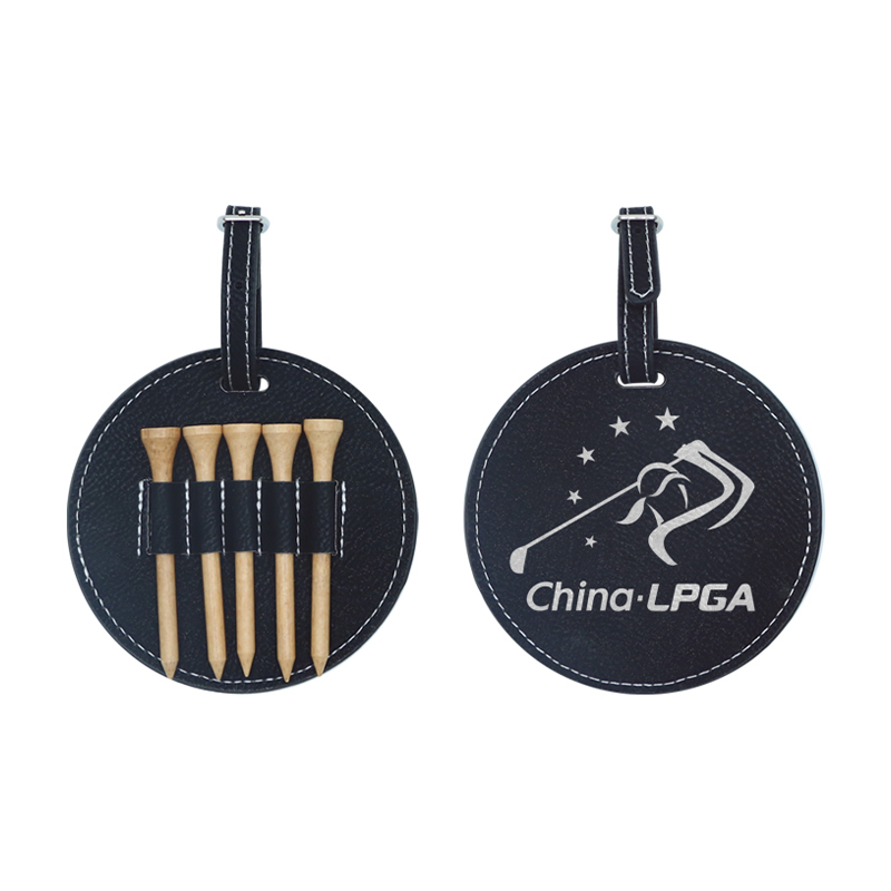 Etiqueta redonda de saco de golfe em couro sintético laserável com 5 camisetas de madeira