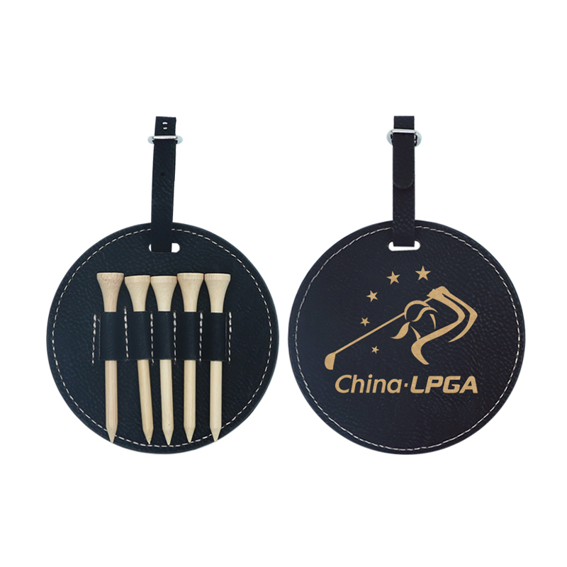 Etiqueta redonda de saco de golfe em couro sintético laserável com 5 camisetas de madeira