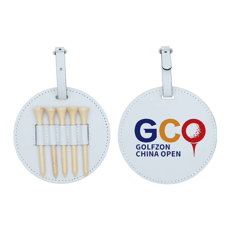 Etiqueta redonda de saco de golfe em couro sintético laserável com 5 camisetas de madeira