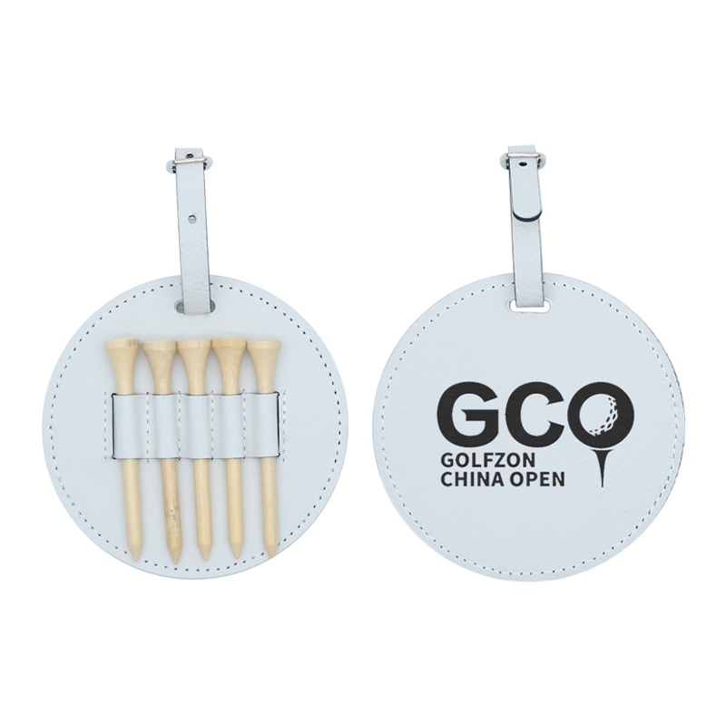 Etiqueta redonda de saco de golfe em couro sintético laserável com 5 camisetas de madeira
