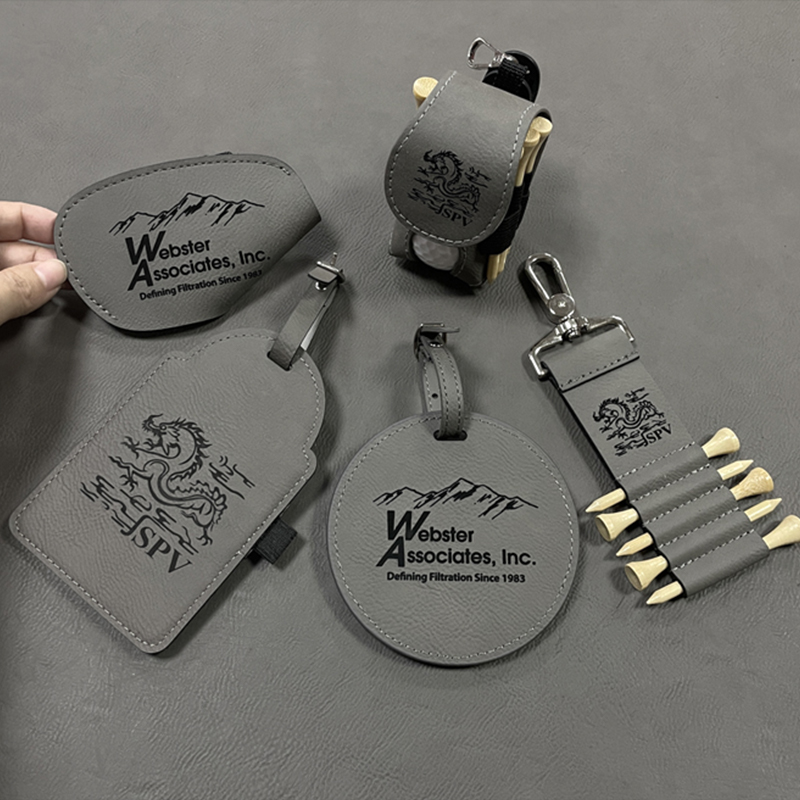 Etiqueta de bolsa de golfe em couro sintético laserável com camisetas