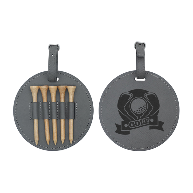 Etiqueta redonda de saco de golfe em couro sintético laserável com 5 camisetas de madeira