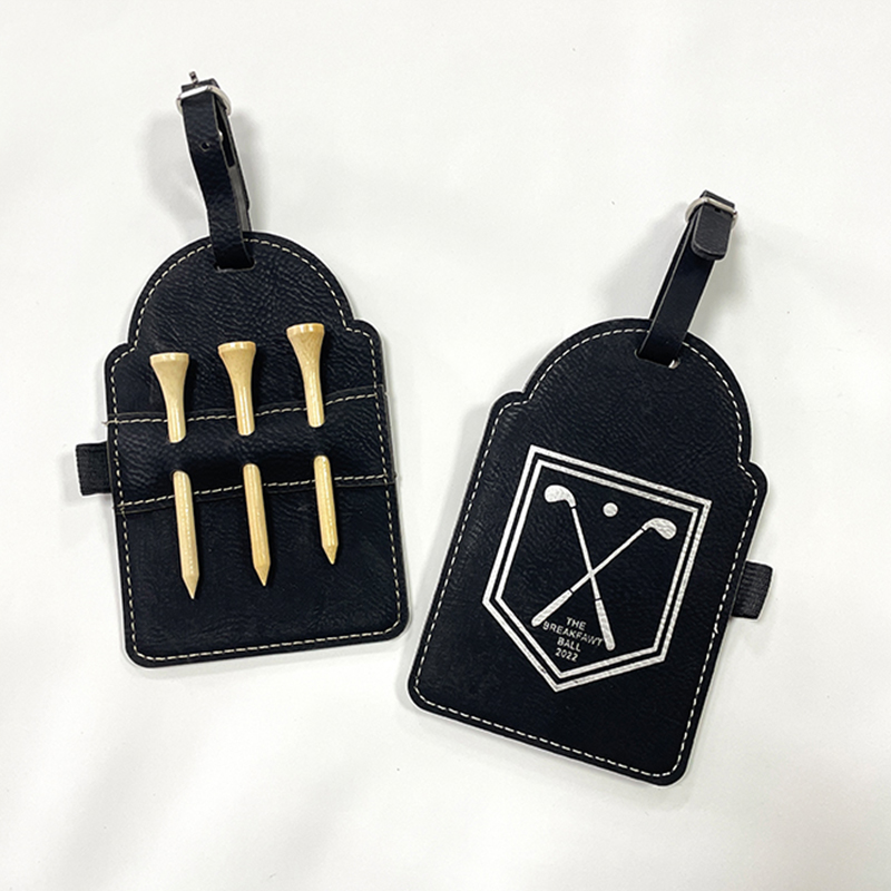 Etiqueta de bolsa de golfe em couro sintético laserável com camisetas