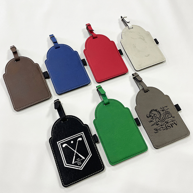 Etiqueta de bolsa de golfe em couro sintético laserável com camisetas