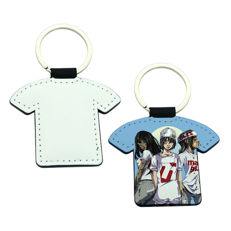 Chaveiro em formato de camiseta de couro PU de sublimação - Impressão frente e verso Chaveiro em formato de camiseta de couro PU de sublimação - Impressão frente e verso