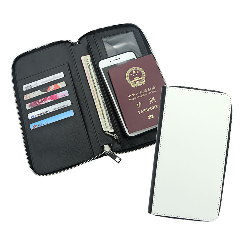 Porta-passaporte em couro sintético de sublimação com zíper e couro PU interno
