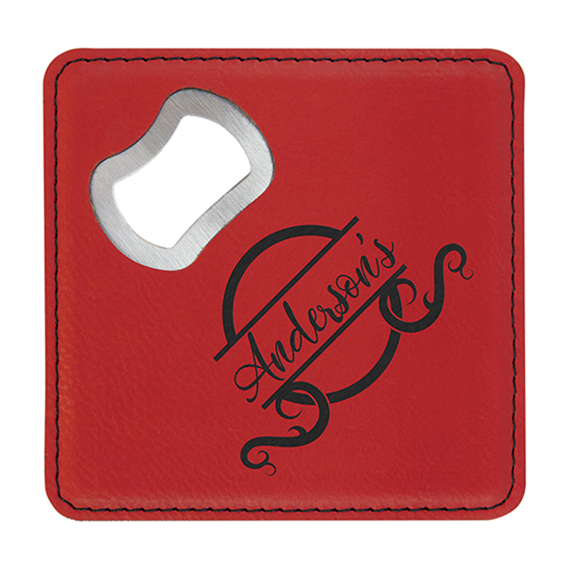 Porta-copos em couro sintético laserável com abridor de garrafas